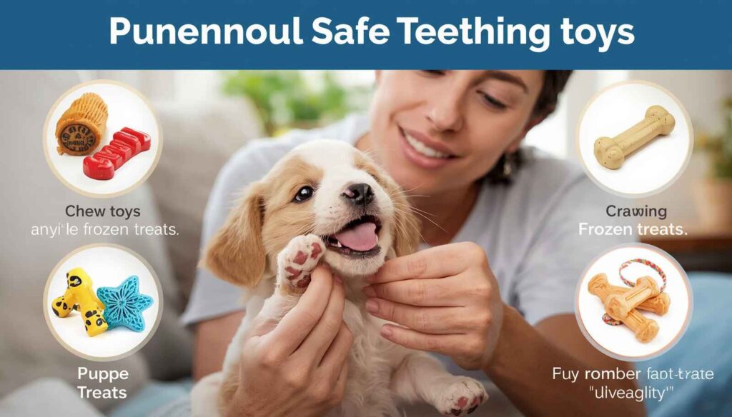 Puppy chewing safe teething toys while owner helps during teething phase