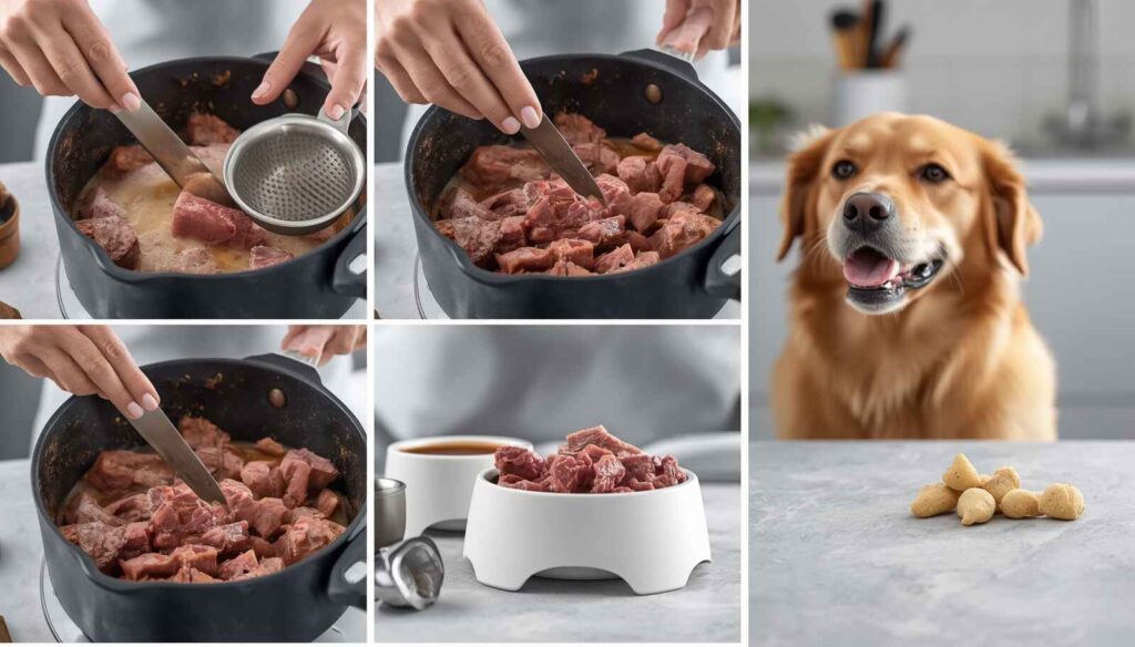 Dog owner preparing plain cooked boneless lamb in small pieces for a dog