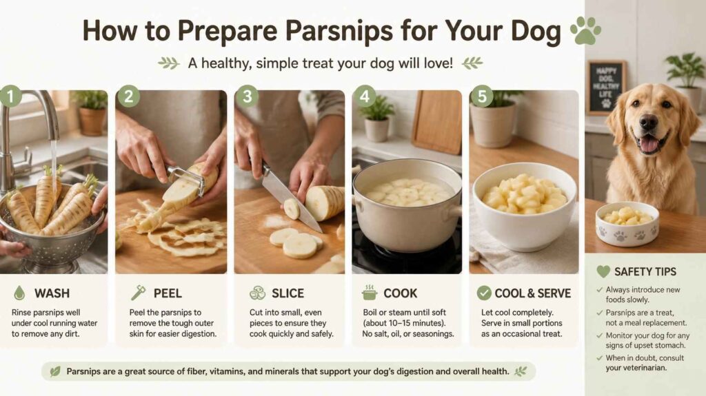 Parsnips being washed peeled and sliced safely for a dog in a clean kitchen