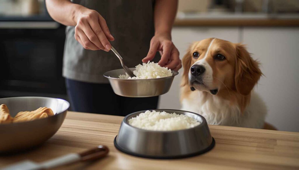 Pet owner preparing plain cooked rice for dog safe feeding method