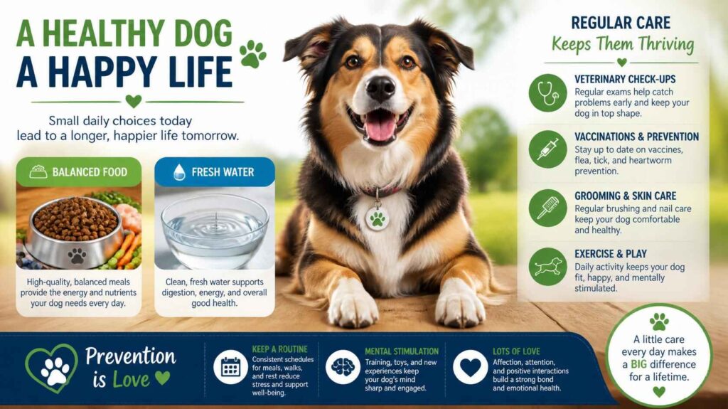 Healthy dog with balanced food water and wellness care visuals for digestive health