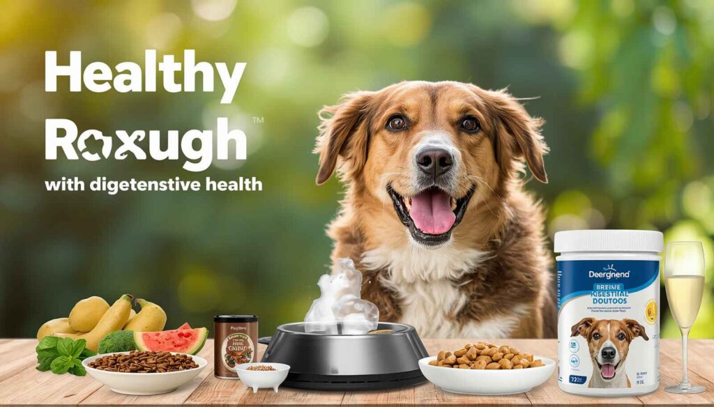 Healthy dog eating balanced food and drinking clean water outdoors