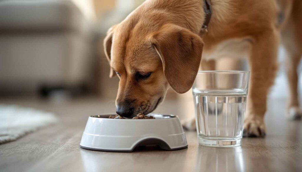 Dog eating slowly from a slow feeder bowl with fresh water nearby