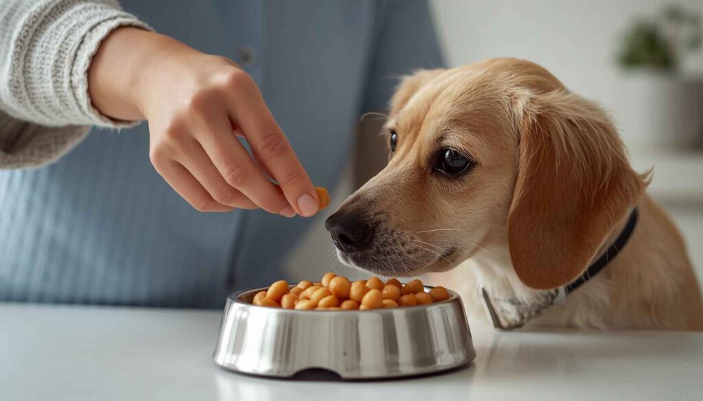 Pet owner feeding small portion of chickpeas to dog in bowl safe way to feed chickpeas to dogs