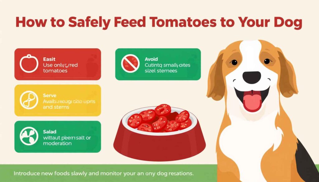 Happy dog eating sliced ripe tomatoes with feeding tips explaining safe tomato preparation for dogs.