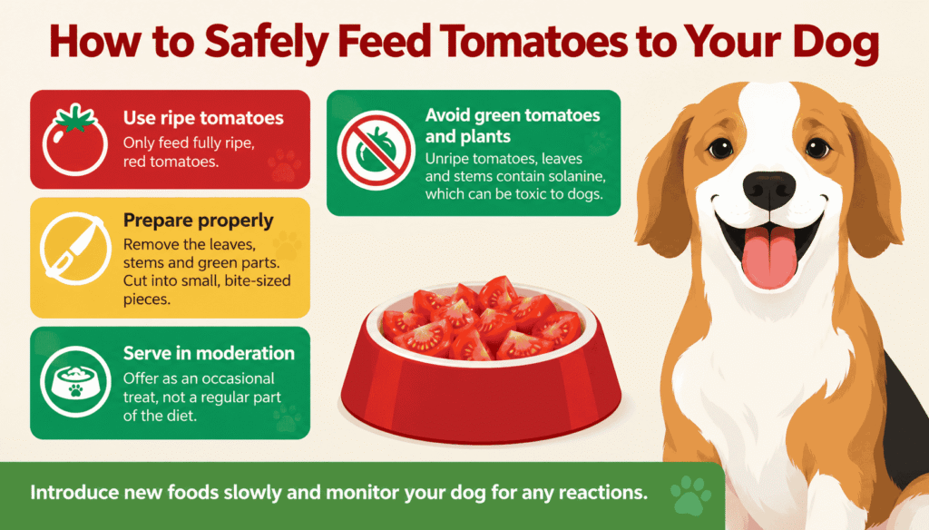 Happy dog eating sliced ripe tomatoes with feeding tips explaining safe tomato preparation for dogs. 