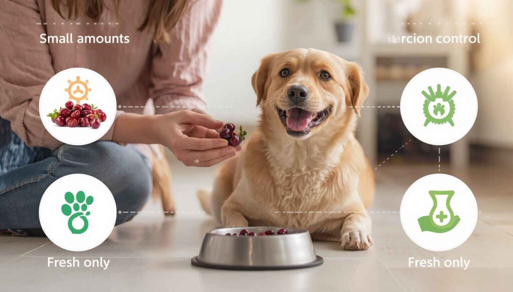Pet owner giving small amount of fresh cranberries to happy dog
