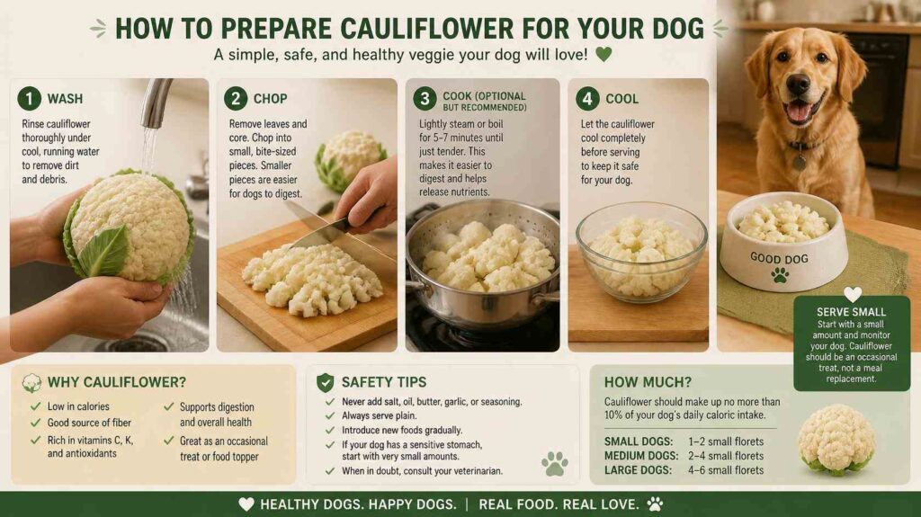 Can dogs eat cauliflower safely when chopped into small bite-sized pieces for easier digestion