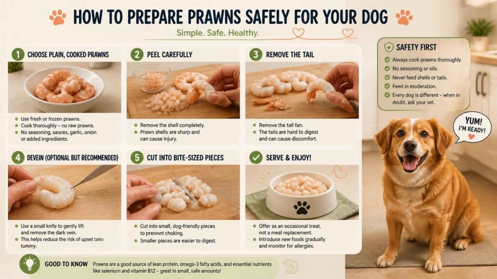 Dog owner preparing peeled cooked prawns into small bite-sized pieces for safe dog feeding