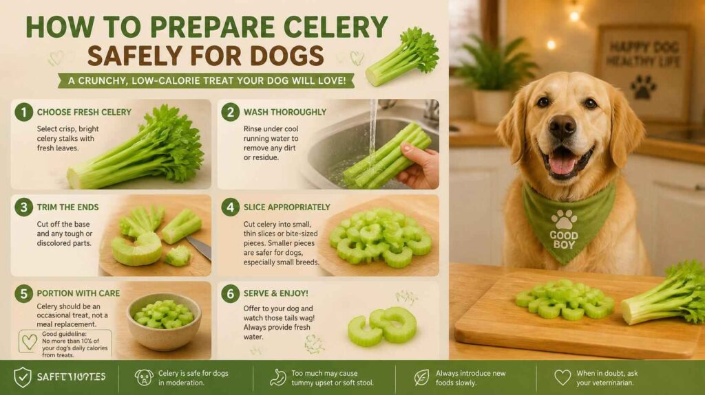 Dog owner slicing celery into small safe pieces for serving as a healthy dog treat
