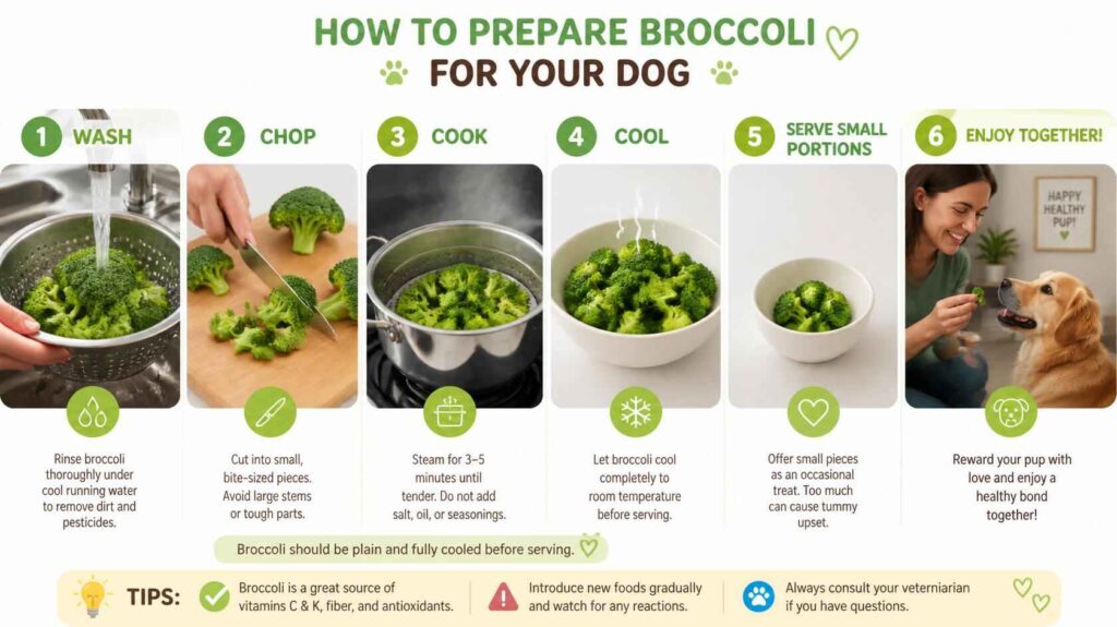 Step-by-step preparation of broccoli for dogs including washing, chopping, cooking, and serving