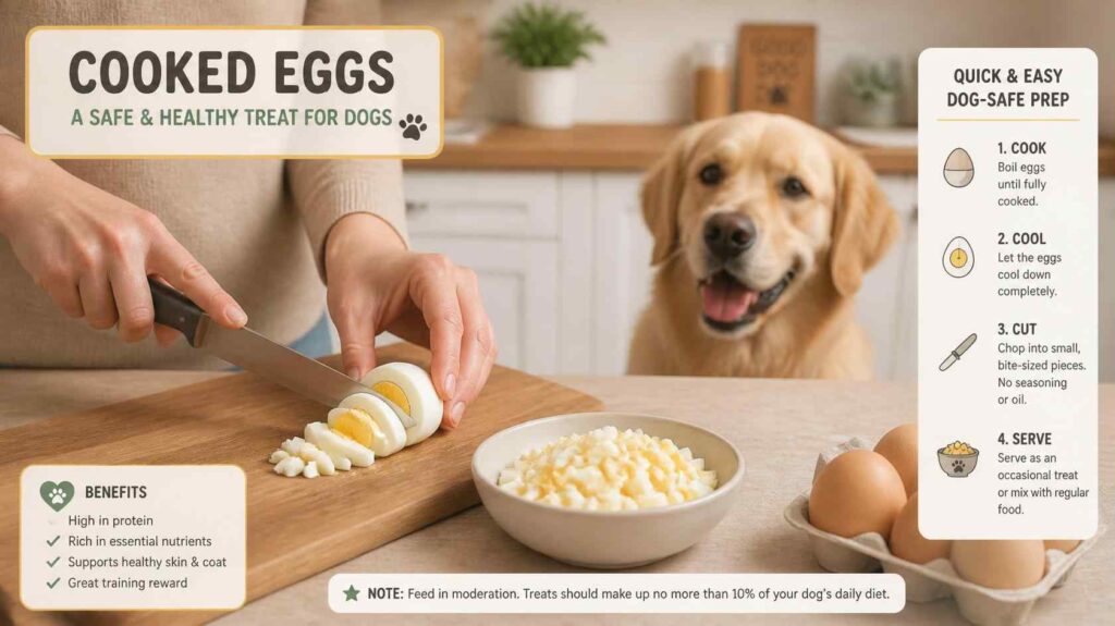 Cooked eggs being prepared safely for a dog in a clean kitchen environment