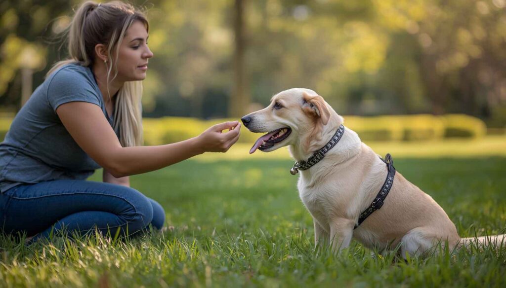 Dog owner training a dog to ignore cicadas using treats and commands outside.