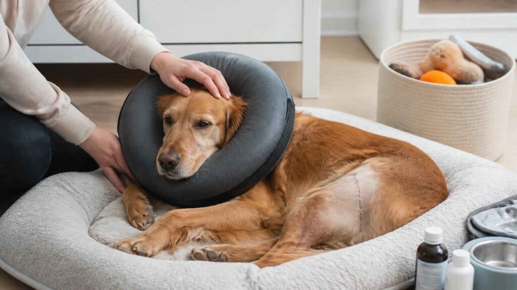 Dog wearing a recovery cone to prevent licking a healing wound indoors.