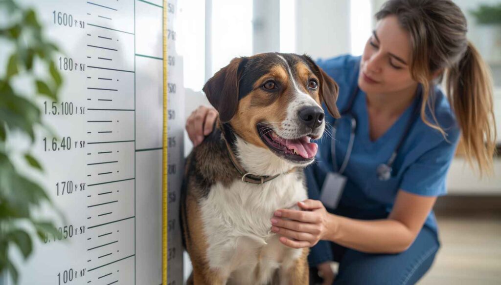 Dog owner checking the size and growth of an adolescent dog indoors