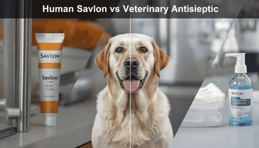 Human Savlon compared with a veterinary antiseptic for treating minor wounds in dogs.