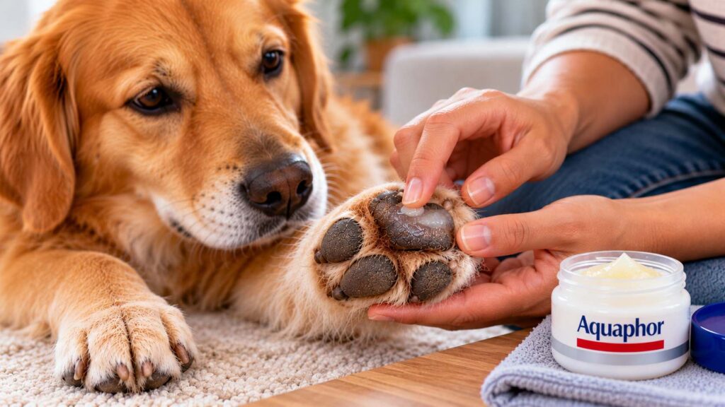 Dog owner applying a thin layer of petroleum-based ointment to mildly dry and intact paw pads.