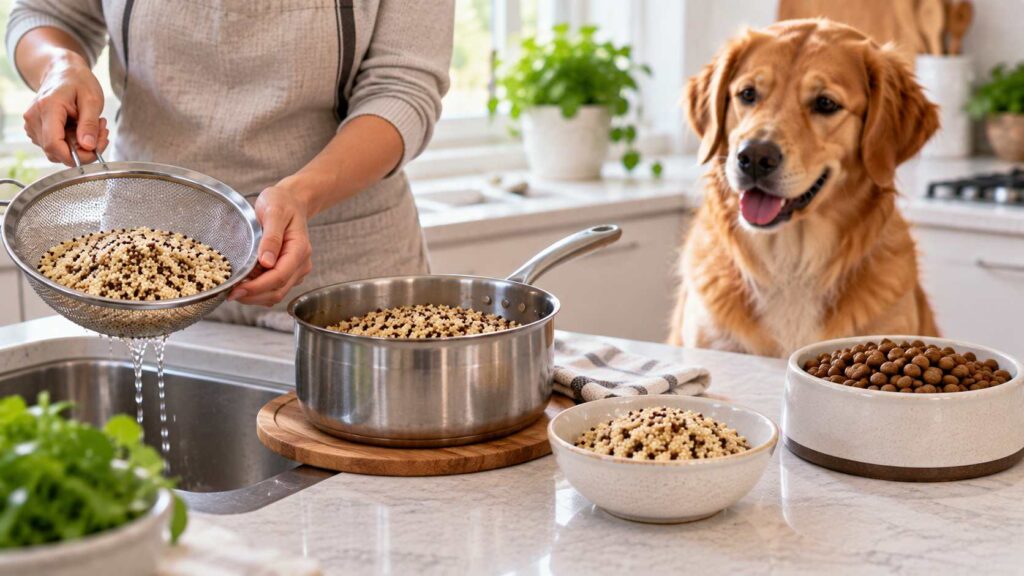 Owner preparing plain rinsed and fully cooked quinoa for a dog
