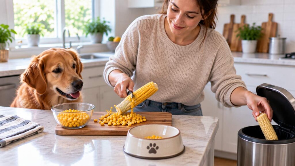 Owner removing plain cooked sweetcorn kernels from the cob before offering a small portion to a dog