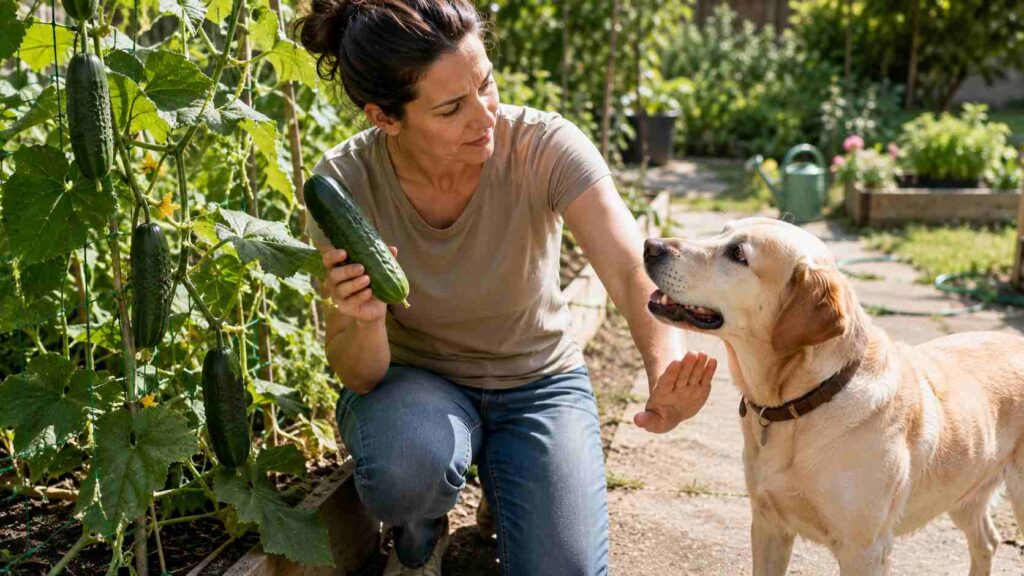Dog standing beside cucumber plants while an owner holds a freshly picked cucumber.