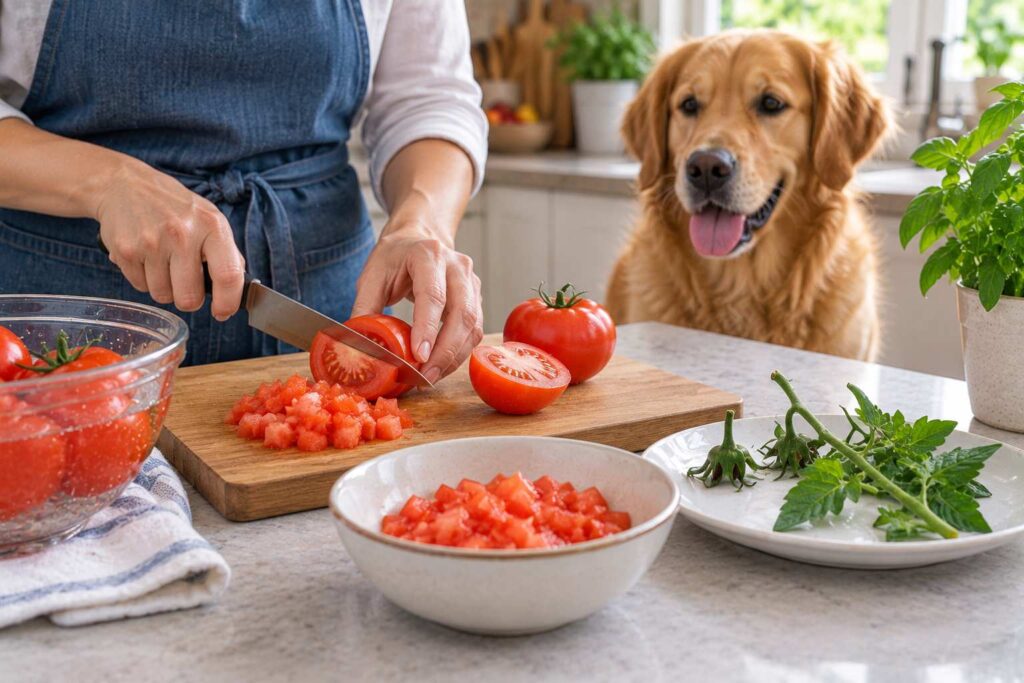 Fully ripe tomato cut into small pieces for a dog with the stem, calyx and leaves removed