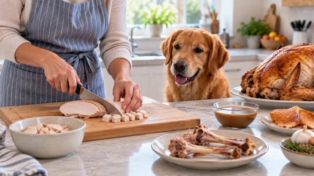 Owner preparing small pieces of plain cooked boneless turkey while dog waits nearby