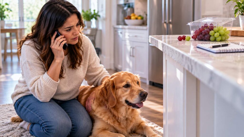 Dog owner calling a veterinarian after suspected grape ingestion while keeping remaining grapes nearby