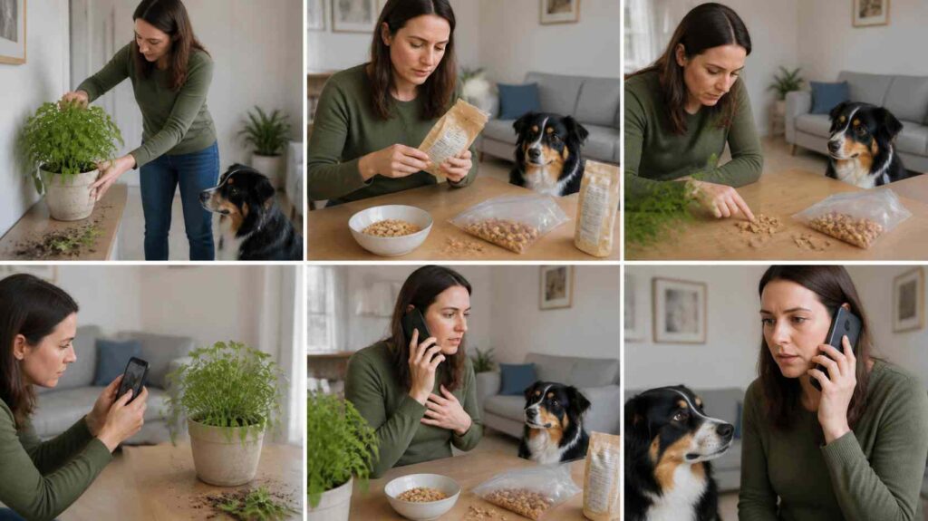 Dog owner removing sage, checking the label, photographing the plant, and monitoring the dog after accidental exposure.