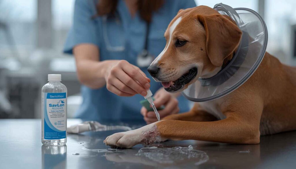 Dog owner rinsing a dog's paw with sterile saline after accidentally using Savlon on the wound.