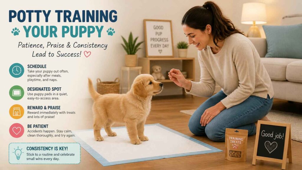 Young puppy learning potty training indoors with puppy pads and owner guidance.