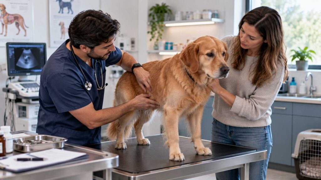 Veterinarian examining a dog with recurring digestive problems during a clinic visit