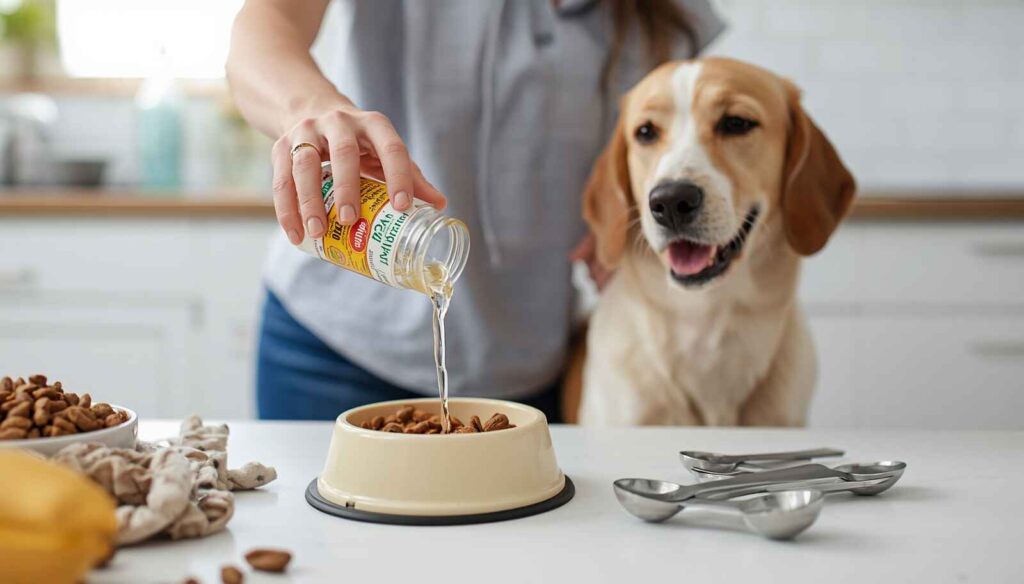 Dog owner adding diluted apple cider vinegar to a dog’s food bowl at home.