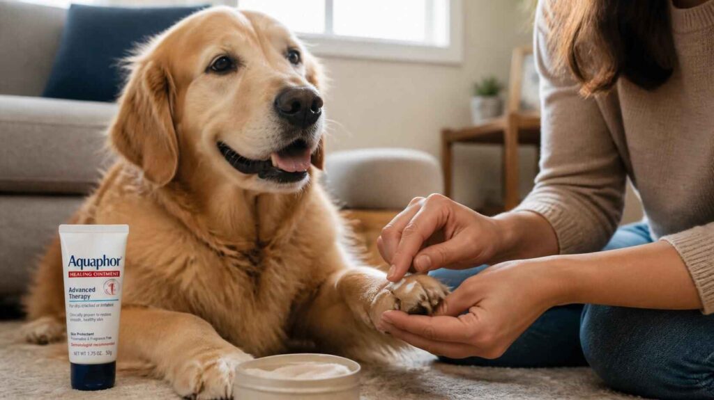 Dog owner applying Aquaphor ointment to a dog’s dry paw at home.