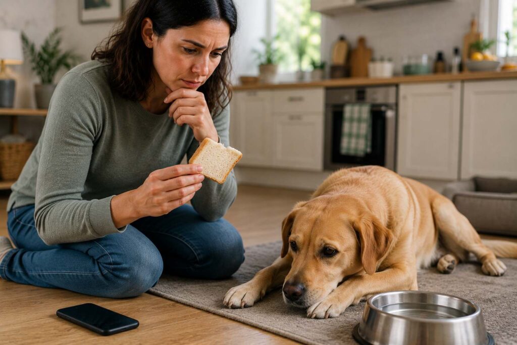Concerned owner beside a resting dog considering plain bread for an upset stomach
