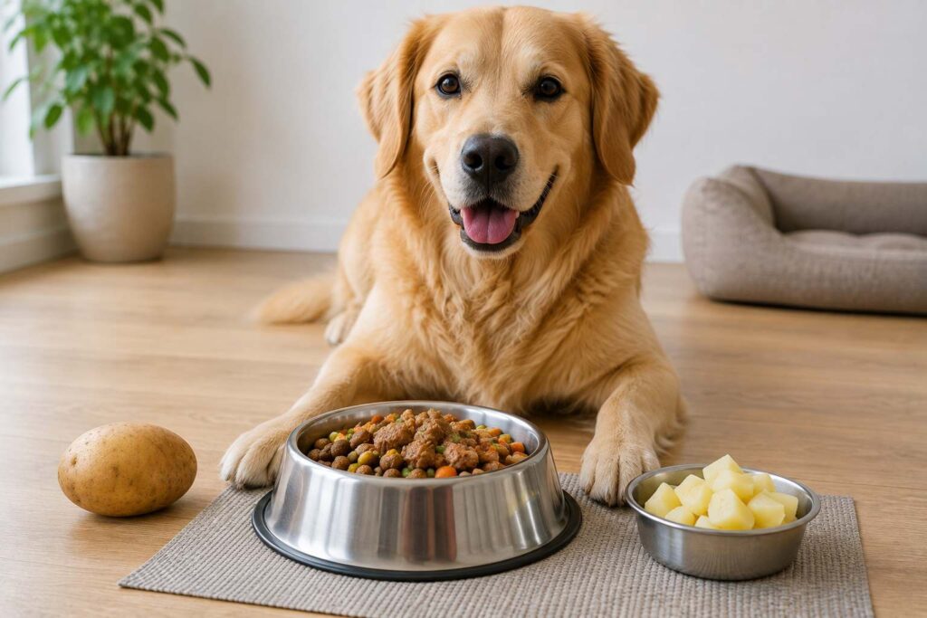 Is potato good for dogs? Healthy dog beside a small portion of plain cooked potato and its complete meal