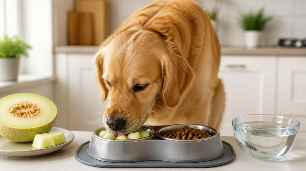 Healthy dog eating a few fresh honeydew cubes beside a balanced dog meal and fresh drinking water