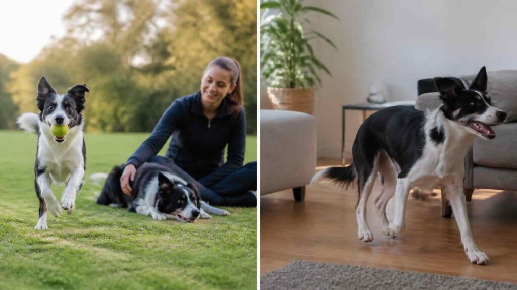 Comparison showing Can Dogs Have ADHD? normal high-energy dog versus a dog displaying persistent ADHD-like behaviour after exercise.
