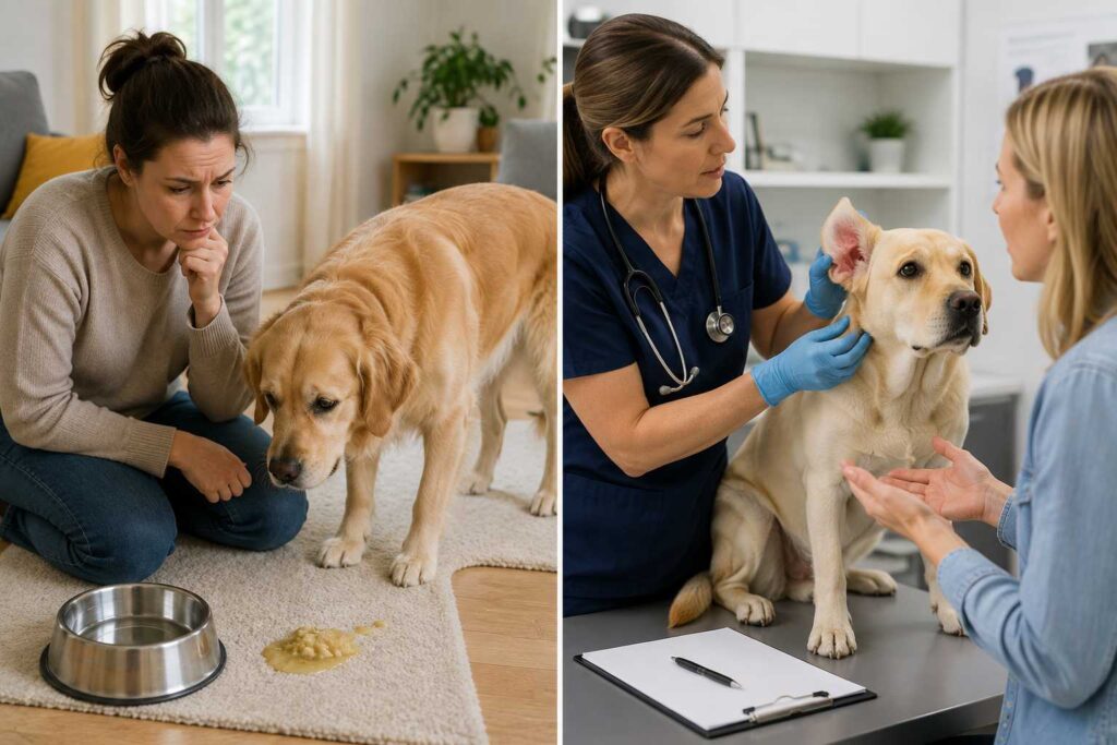 Dog owner monitoring mild digestive upset compared with a veterinarian examining recurring skin and ear irritation