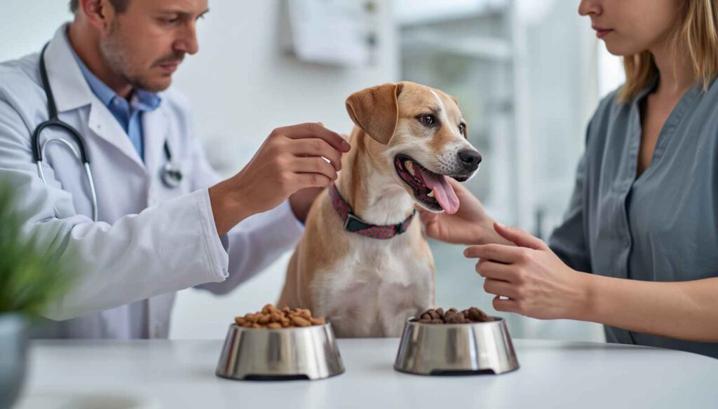 Veterinarian examining a dog for possible food allergy while discussing lamb-based dog food with the owner