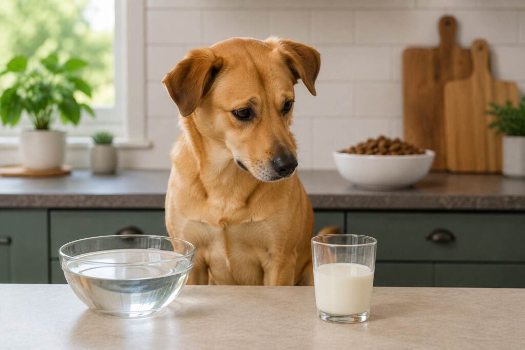 Healthy adult dog sitting near a bowl of fresh water and a small glass of plain milk.