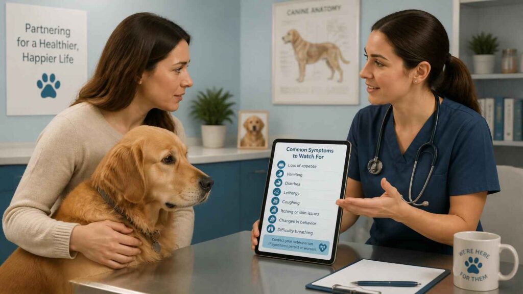 Dog owner discussing black stool symptoms with a veterinarian in a calm setting