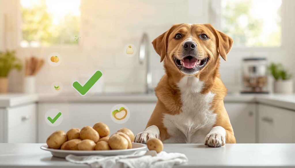 Is Potato Good for Dogs healthy dog sitting beside fresh potatoes