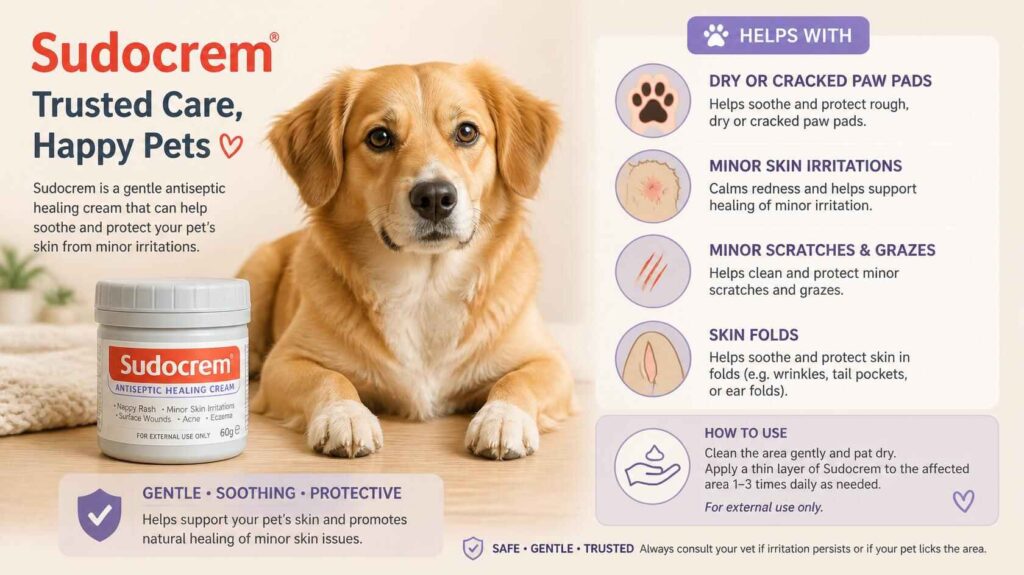 Golden dog beside Sudocrem cream with information about safe uses for dry paw pads, skin irritation, and minor scratches.