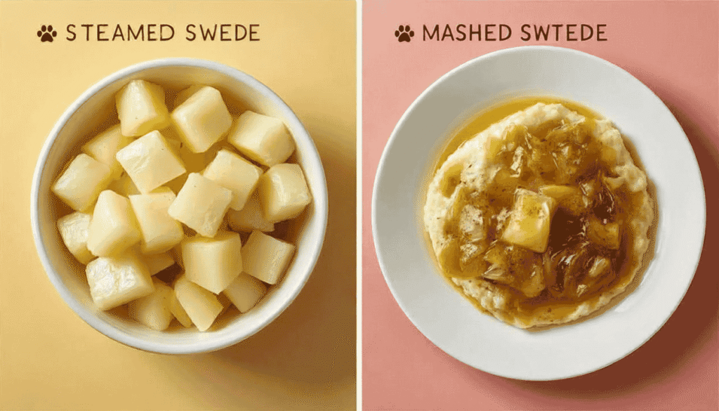 Can dogs eat swede safely? Comparison of plain cooked swede and unsafe seasoned swede with gravy, onion, and garlic.