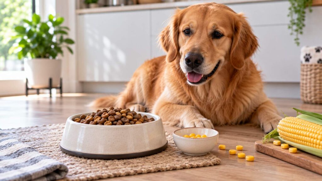 Healthy dog beside its regular meal and a small separate portion of plain sweetcorn kernels