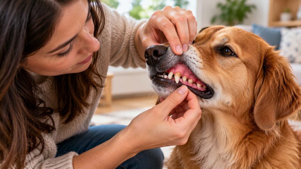 Owner gently checking a dog's gums and back teeth for tartar and redness
