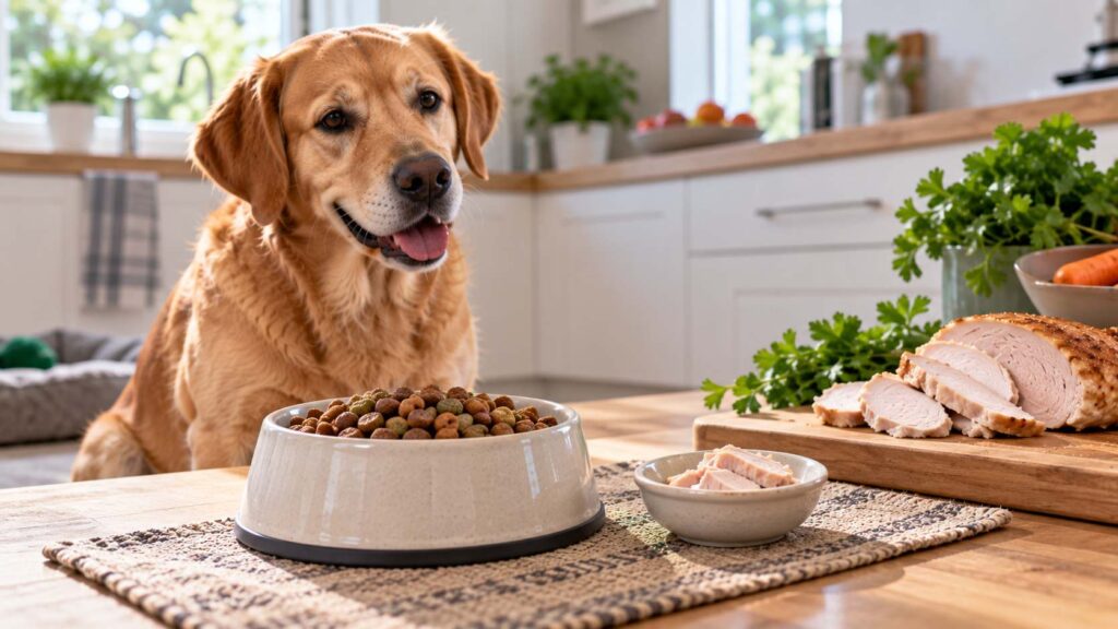 Plain cooked turkey served as a small treat beside a dog's complete balanced food