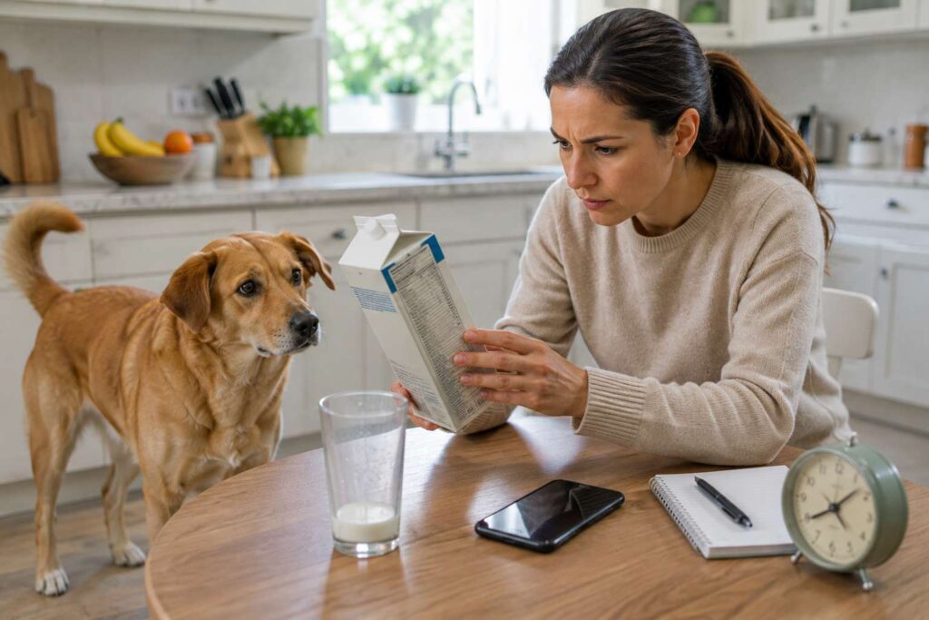 Dog owner checking a milk carton after their dog accidentally drank milk.