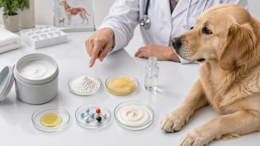 Veterinary illustration showing Sudocrem ingredients including zinc oxide and their possible effects on dogs