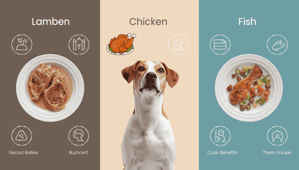 Infographic comparing lamb, chicken, and fish as protein sources for dogs, showing nutritional differences with a dog in the center
